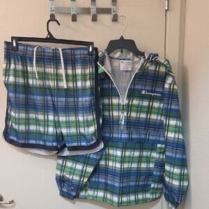 Champion Blue and Green Plaid Lightweight Jacket Shorts Set